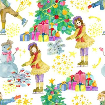 Seamless patterns with skating boy and girl, decorated conifer and snowman on Stock Illustration