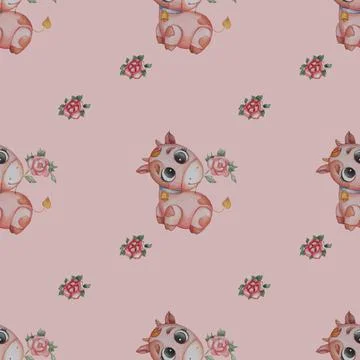 Seamless patterns. Small goby with a red rose flower on a pink background. Wa Stock Illustration