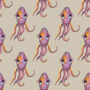 Seamless patterns with squid on a gray background. Stock Illustration