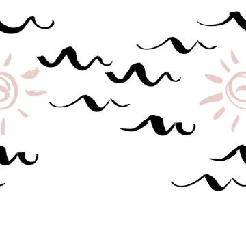 Seamless patterns with stylized black waves and sun vintage style. Vector Stock Illustration