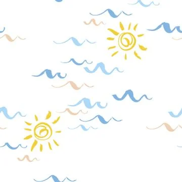 Seamless patterns with stylized blue waves and sun vintage style. Vector Stock Illustration