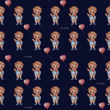 Seamless patterns. Sweet tooth boy with candy and ice cream in his hands on a Stock Illustration