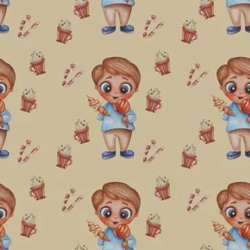 Seamless patterns. Sweet tooth boy with sweets and ice cream in his hands on  Stock Illustration