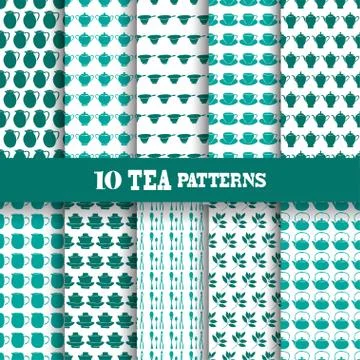 Seamless patterns with tea objects, for invitations, cards, scrapbooking, print Stock Illustration