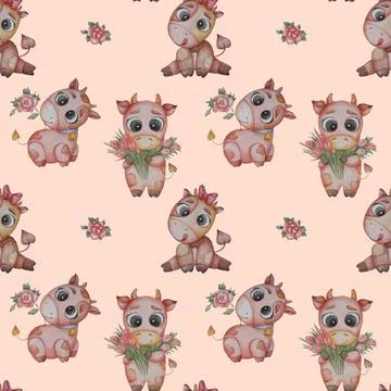 Seamless patterns. Three Little cute animals - boys bulls with a rose and a Stock Illustration