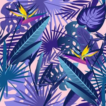 Seamless patterns with tropical exotic leaves and flowers. Vector image. Stock Illustration