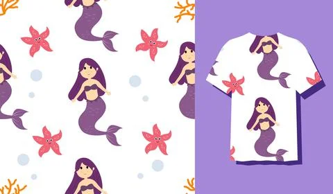 Seamless Patterns Underwater Mermaid Vector Illustration Cute Sea Animals Car Stockillustratie