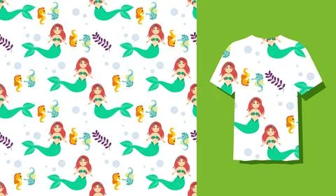 Seamless Patterns Underwater Mermaid Vector Illustration Cute Sea Animals Car Illustrazione stock
