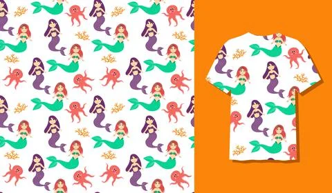 Seamless Patterns Underwater Mermaid Vector Illustration Cute Sea Animals Car Illustrazione stock