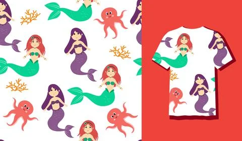 Seamless Patterns Underwater Mermaid Vector Illustration Cute Sea Animals Car Stockillustratie