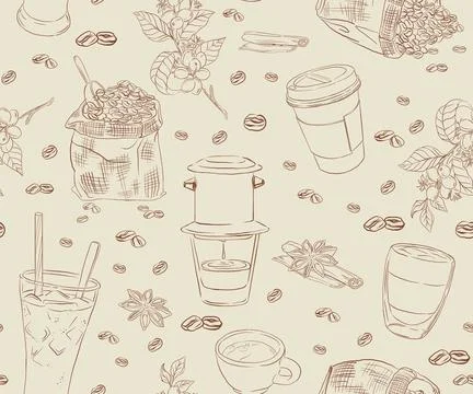 Seamless patterns with vietnamese coffee illustration, cup. Ideal for printin Stock Illustration