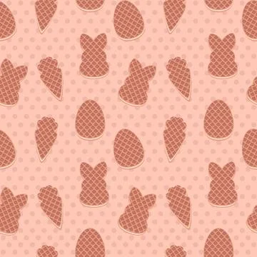 Seamless patterns of the waffles, Easter symbols cookies. light pink backgr.. Stock-Illustration