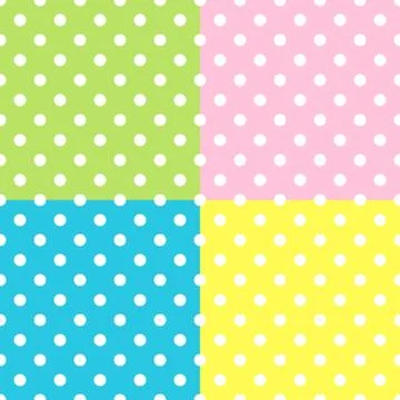 Seamless Patterns, White Polka Dots on red, yellow, blue, green backgrounds. Stock Illustration
