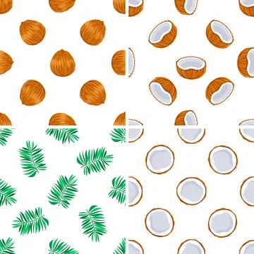Seamless patterns with whole and halved coconuts and palm leaves on white Stock-Illustration