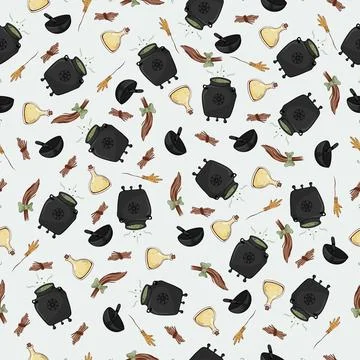 Seamless patterns with witch pots, a lock of hair, chicken legs and potions in a Stock Illustration