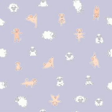 Seamless patterns. Yoga for pets and farm animals. cute dogs and lambs practice  Stock Illustration