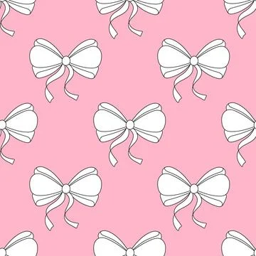 Seamless pattern,simple hand drawn ribbon bows. Black silhouette linear on .. イラスト素材