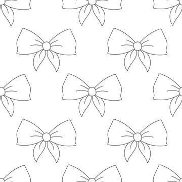 Seamless pattern,simple hand drawn ribbon bows. Black silhouette linear on .. Stock Illustration