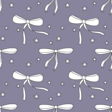 Seamless pattern,simple hand drawn ribbon linear bows. Stars background Stock Illustration