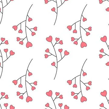 Seamless pattern,sprigs with red flowers in the shape of a heart,on a white.. Stock Illustration