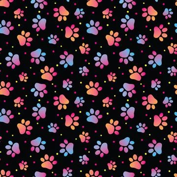 Seamless paw print pattern animal footprint on black background Illustrazione stock