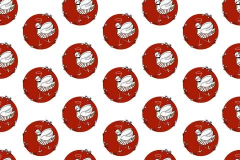 Seamless Pea Pattern. Cute white ballerina bird dancing in flowers. Red and Stock Illustration