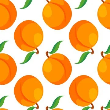Seamless peach fruit pattern with green leaf on white background in cartoon Stock Illustration