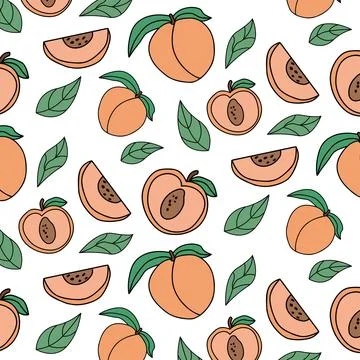 Seamless peaches and leaves pattern on white background Stock Illustration