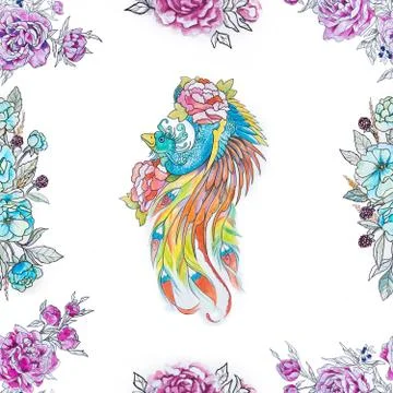 Seamless peacock pattern in flowers on a white background. Stock Illustration