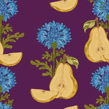 Seamless pear and cornflower botanical pattern with sliced fruit, vintage flo Stockillustratie