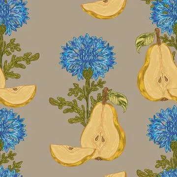 Seamless pear and cornflower botanical pattern with sliced fruit, vintage flo 스톡 일러스트