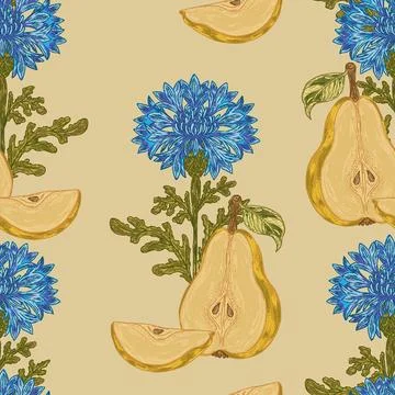Seamless pear and cornflower botanical pattern with sliced fruit, vintage flo Stock Illustration