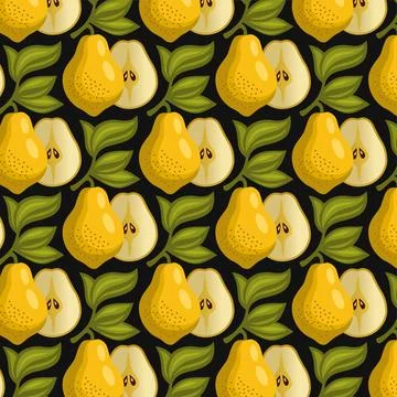 Seamless Pear Fruit Pattern with Leaves on Dark Background Vector Design Stock Illustration