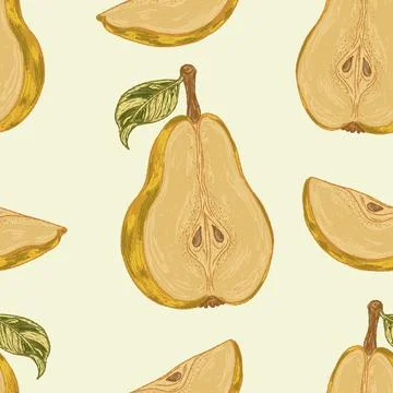 Seamless Pear Pattern Vector  Hand Drawn Mediterranean Style Fruit Background Stock Illustration