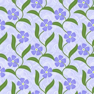Seamless Periwinkle Floral Pattern with Twisting Green Vines and Leaves on .. Stock Illustration