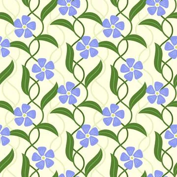 Seamless Periwinkle Floral Pattern with Twisting Green Vines and Leaves on .. Stock Illustration
