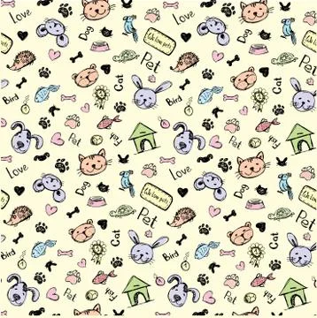 Seamless pet pattern, hand drawing, vector Illustrazione stock