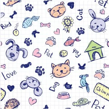Seamless pet pattern, hand drawing, vector Stock Illustration