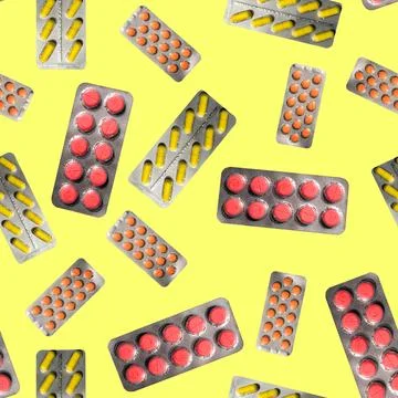Seamless Pharmaceutical Blister Pack Pattern on Yellow Background Stock Photos