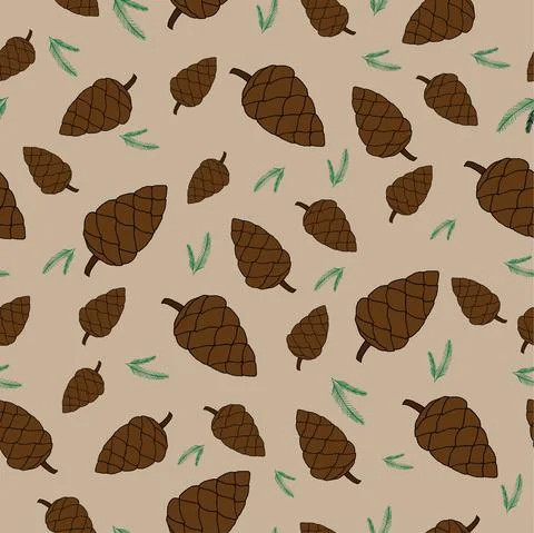 Seamless Pine Cones and Pine Leaves Pattern. Vector illustration Background Stock Illustration