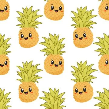 Seamless Pineapple Pattern with Cute Kawaii Summer Fruits Stock Illustration