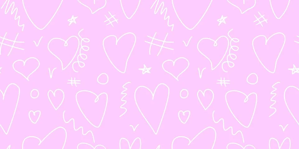 Seamless pink abstract pattern of different outline hearts and doodles. Freeh Stock Illustration