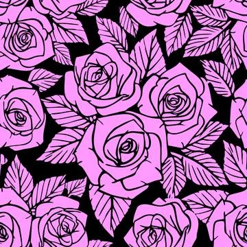 Seamless pink asymmetric pattern of rose contours on a black background, te.. Stock Illustration