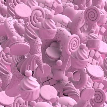 Seamless pink background of desserts. 3D-rendering Stock Illustration