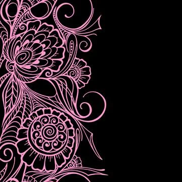 Seamless pink border on black background, floral graphic repeat design elemen Illustrazione stock