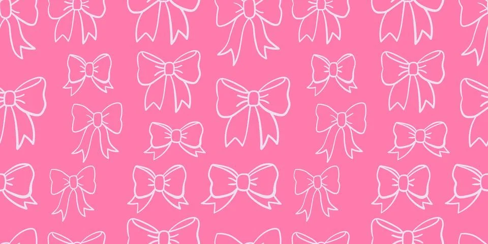 Seamless pink bow pattern with white outline. Cute and feminine ribbon desi.. Stock Illustration