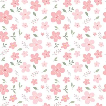 Seamless Pink Cherry Blossom Pattern with Ditsy Floral Design on White Back.. Stock Illustration