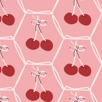 Seamless pink cherry pattern with hand-drawn style repeated design Stock Illustration