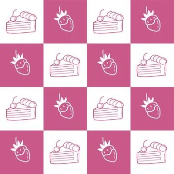 Seamless Pink Doodle Pattern with Strawberries and Cake Slices Stock Illustration