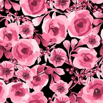 Seamless Pink Floral Ikat Pattern on Black Background Illustrazione stock